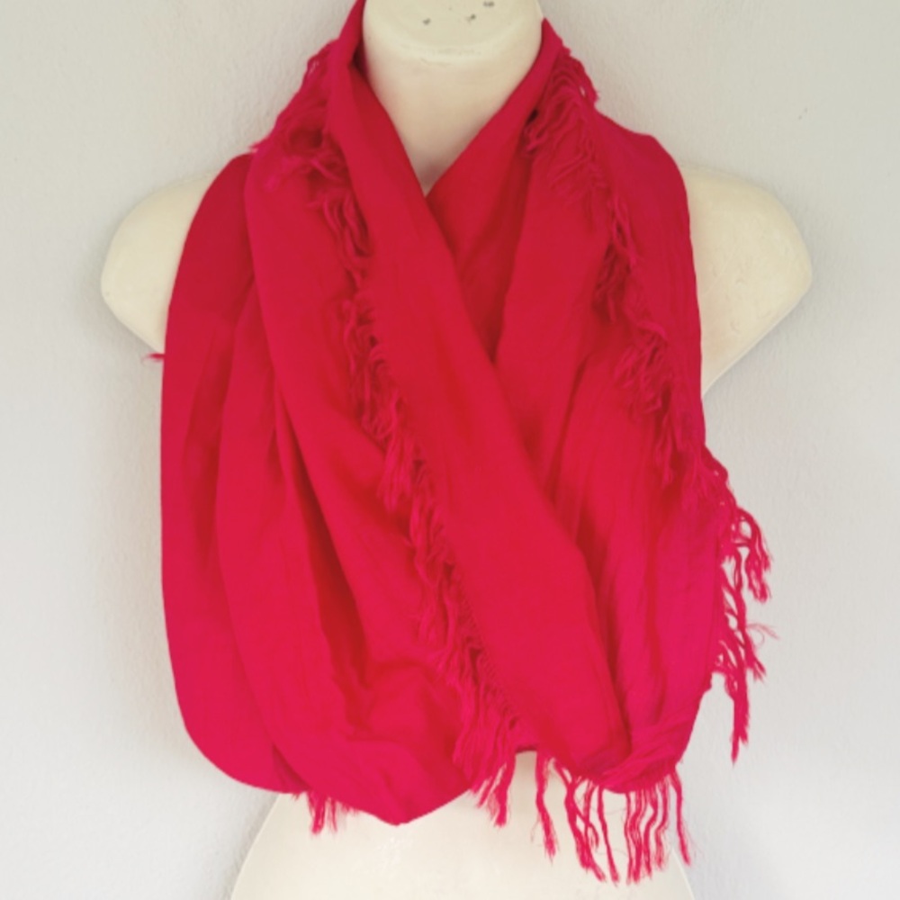 Bright pink tassel fringe trim infinity style scarf one size